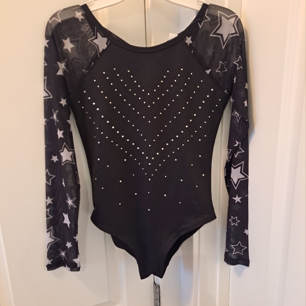 Brand New Justice Black and White Star Long Sleeve Dance Gymnastics Leotard